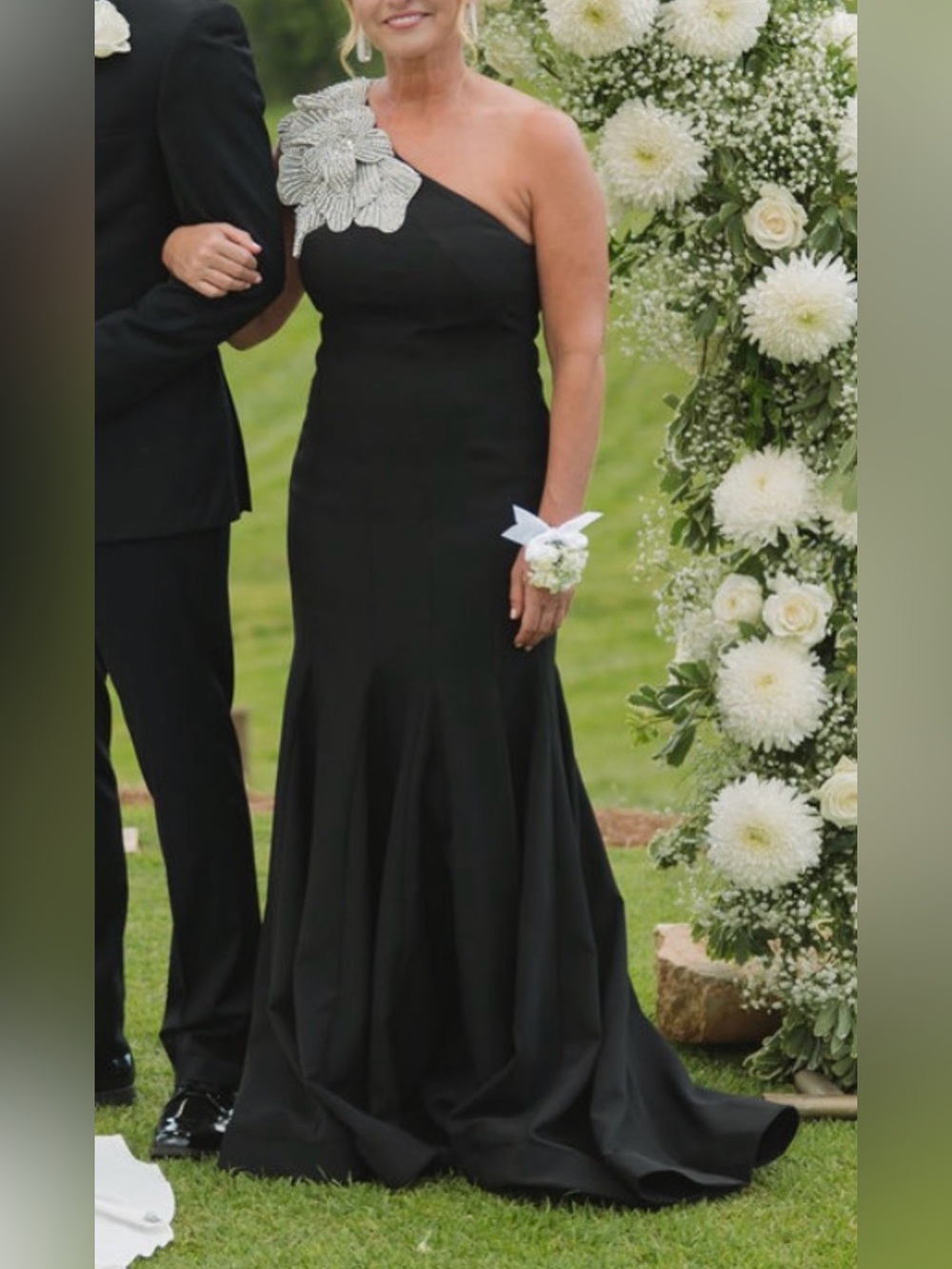 Mac Duggal Black One-Shoulder Evening Gown with Silver Floral Applique